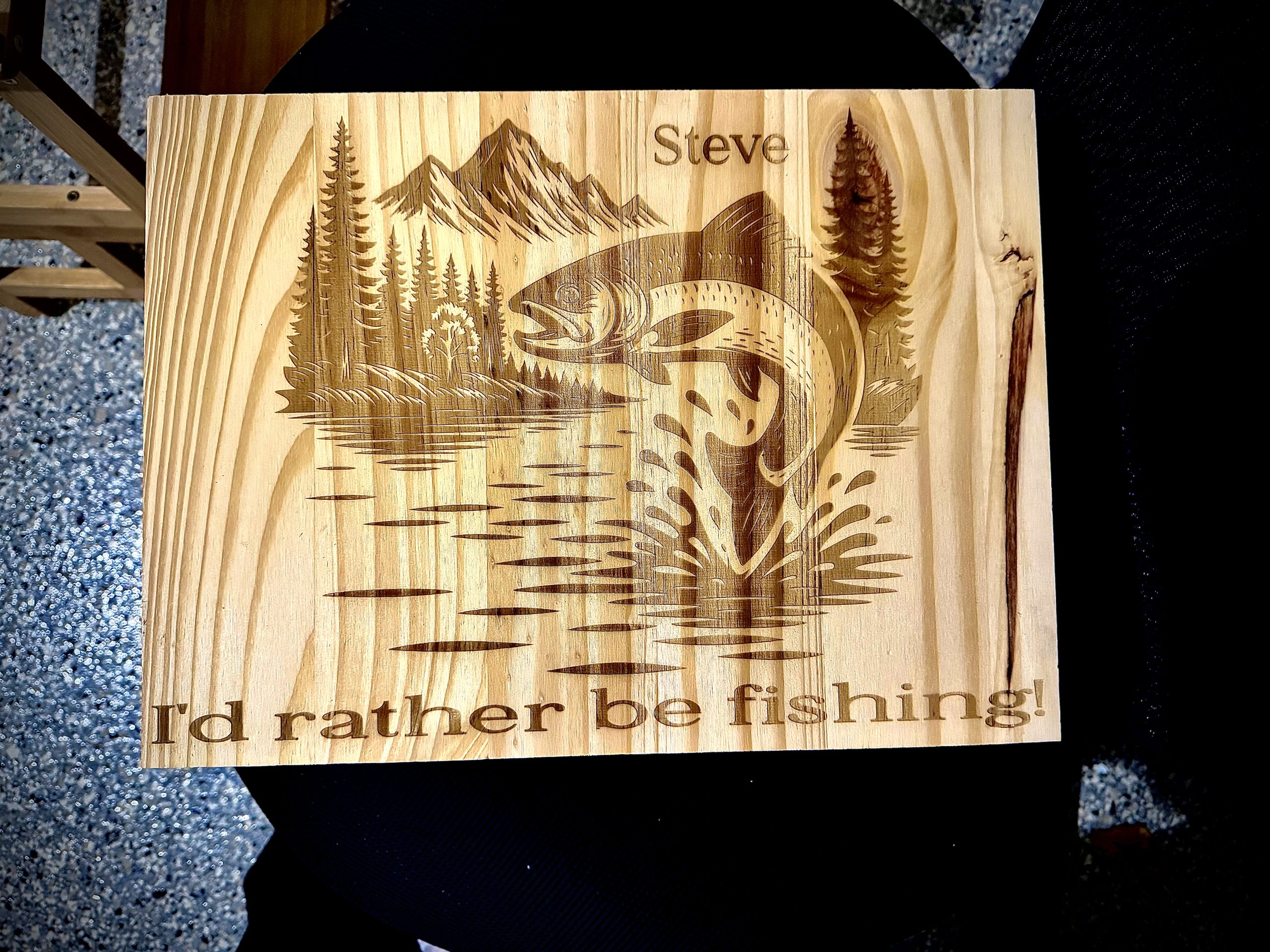 Custom engraved wood sign with fish artwork
