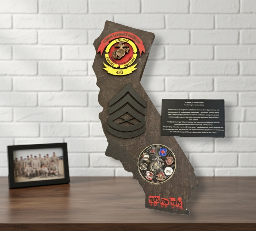 Custom engraved framed wood plaque with script text