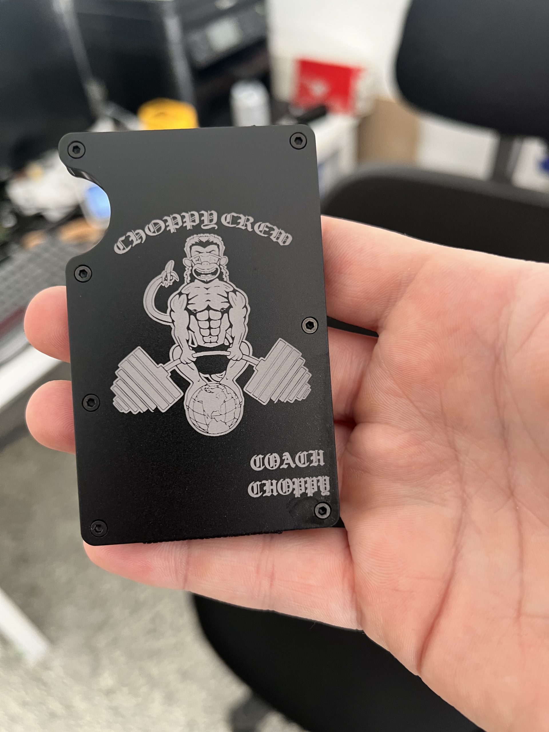 Custom engraved wallet with Choppy Crew design